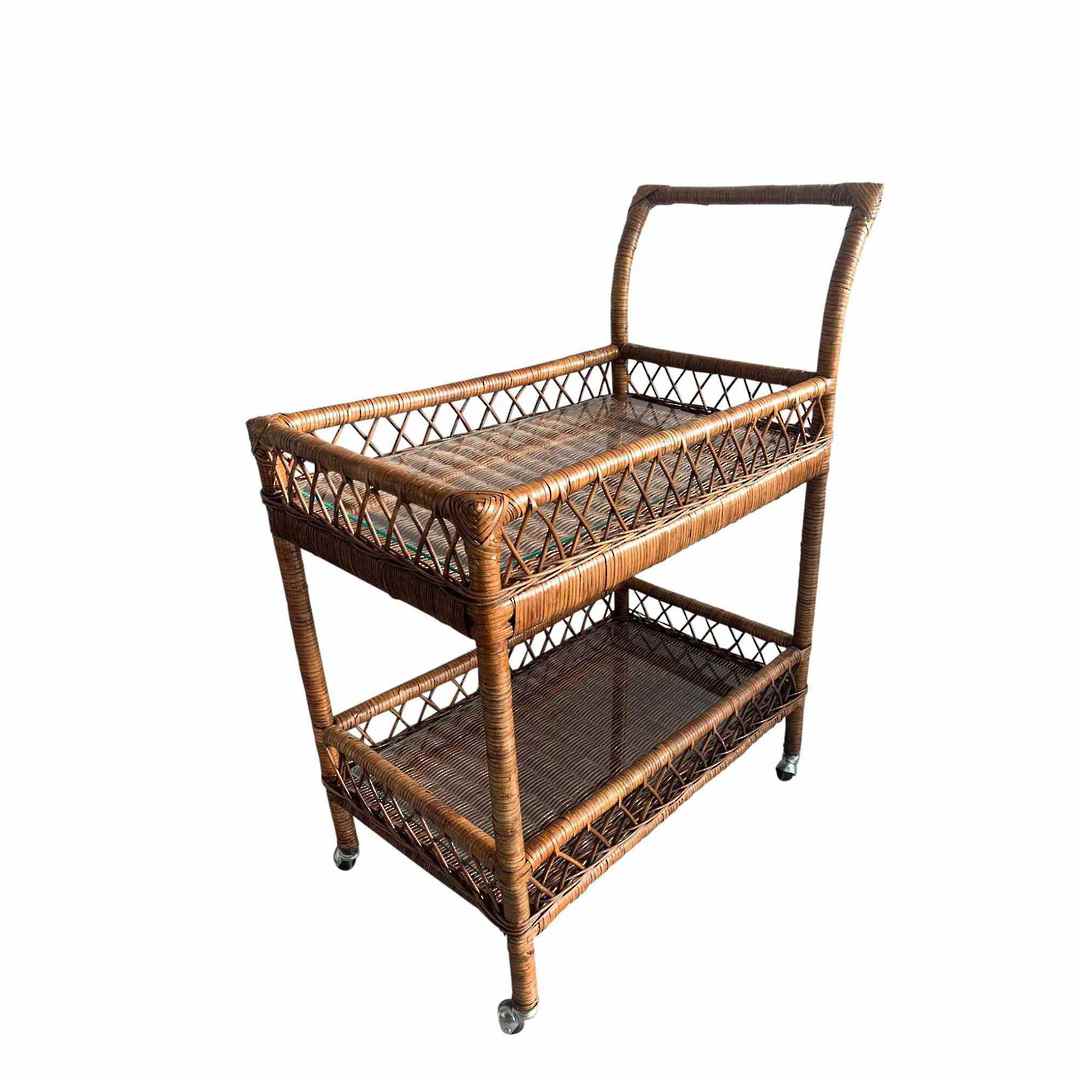 RATTAN 2 TIER BAR CART WITH HANDLE WITH GLASS INSERT image 0
