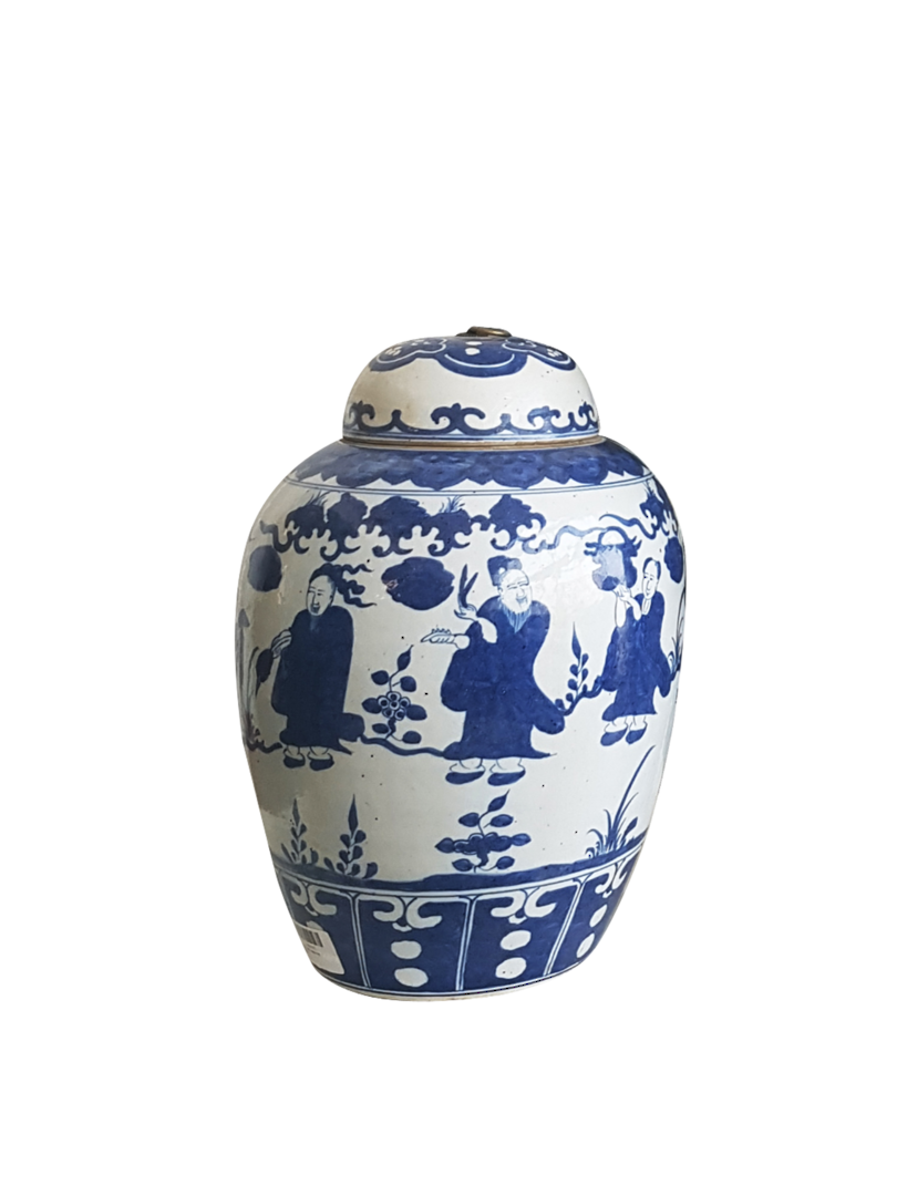 JAR ROUND LID WITH METAL RING BLUE & WHITE FIGURINE DANCING 44H image 1