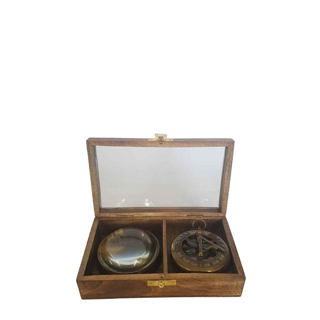 WOODEN GLASS TOP GIFT BOX SET/2 COMPASS, MAGNIFIER image 0