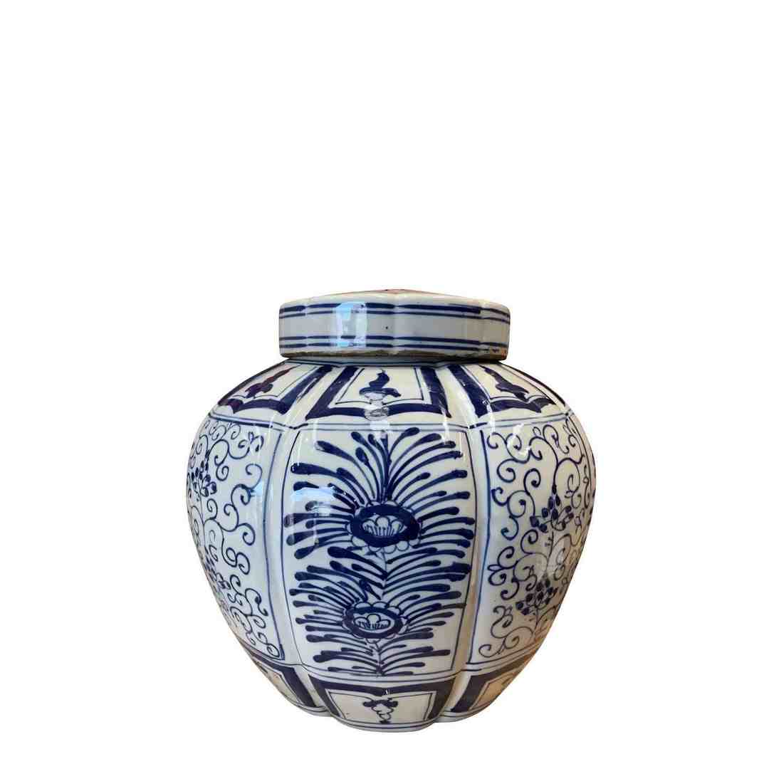 RIBBED BLUE & WHITE POT WITH LID image 0