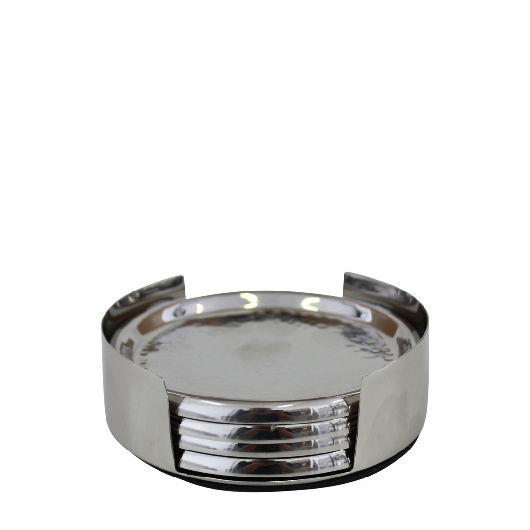 HAMMERED COASTERS SET/4 IN HOLDER SILVER image 0