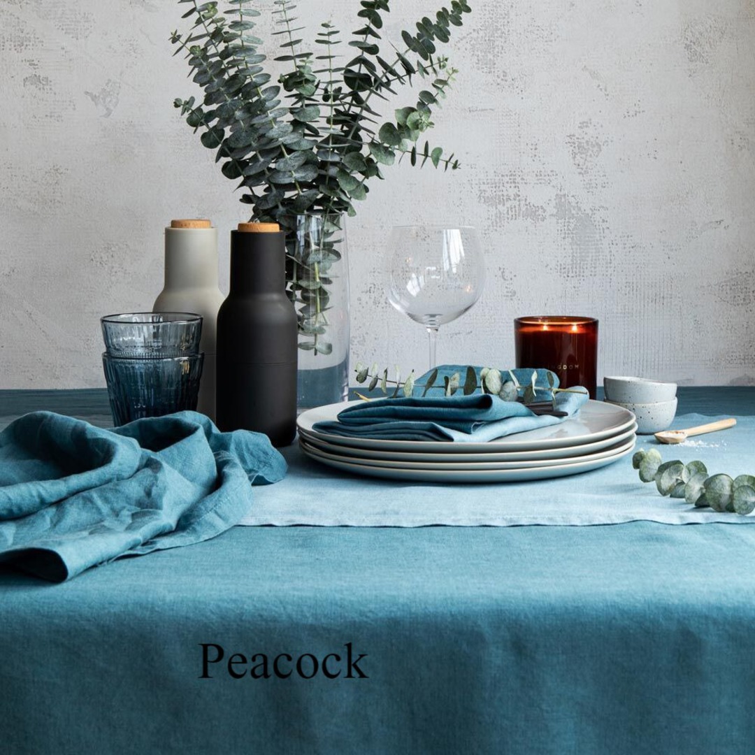 Baksana - Linen Tablecloths -  Peacock /Brulee/Salmon image 0