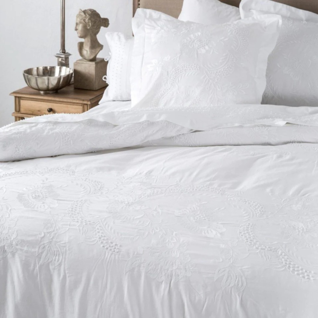 French Country- Embelli Embroidered  Duvet Cover - Standard Pillowcases - Eurocases - White image 0