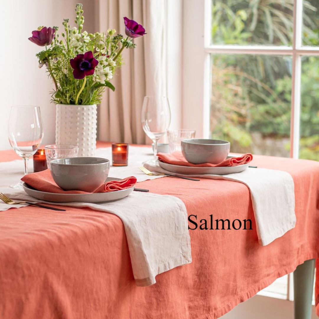 Baksana - Linen Tablecloths -  Peacock /Brulee/Salmon image 1