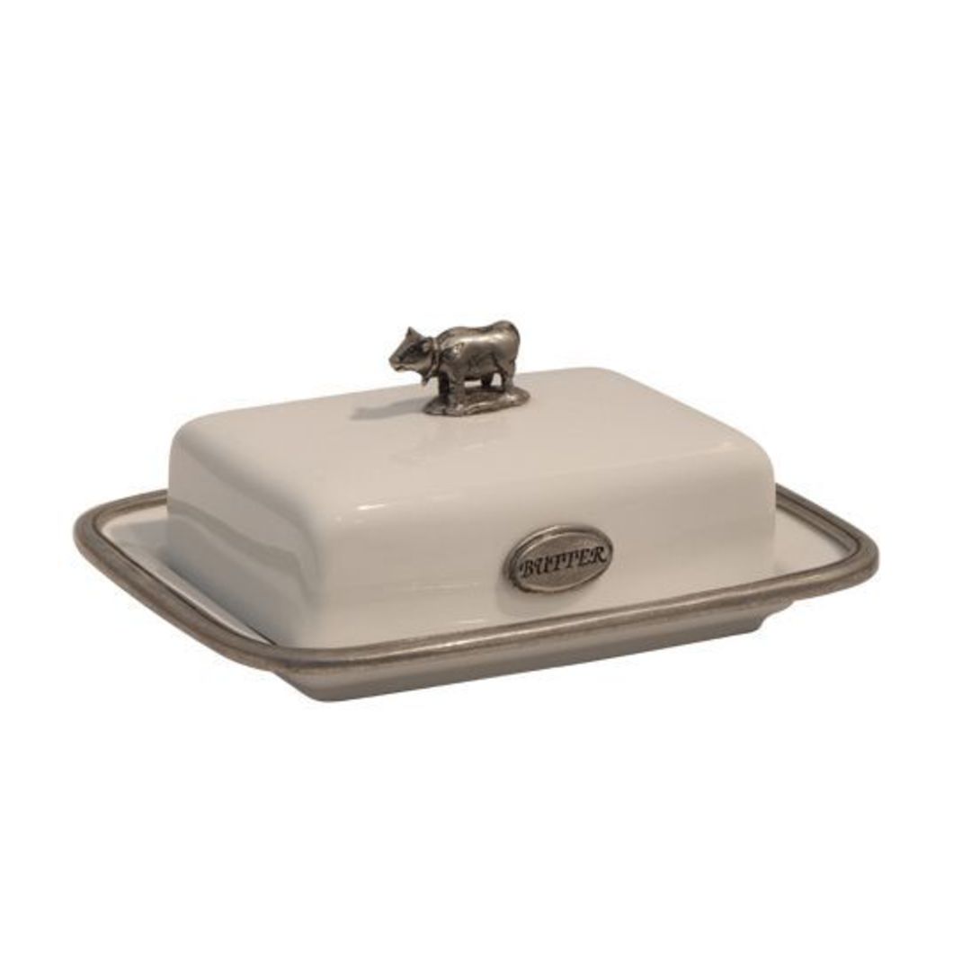 French Country -  White Porcelain and Pewter Butter Dish image 0