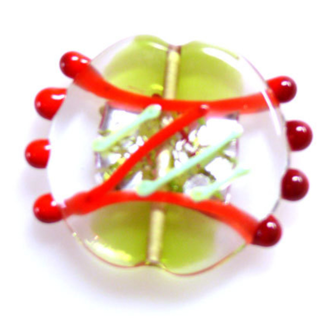Czech Lampwork Bead: Flat Disc - Green and red (26mm x 30mm) image 0