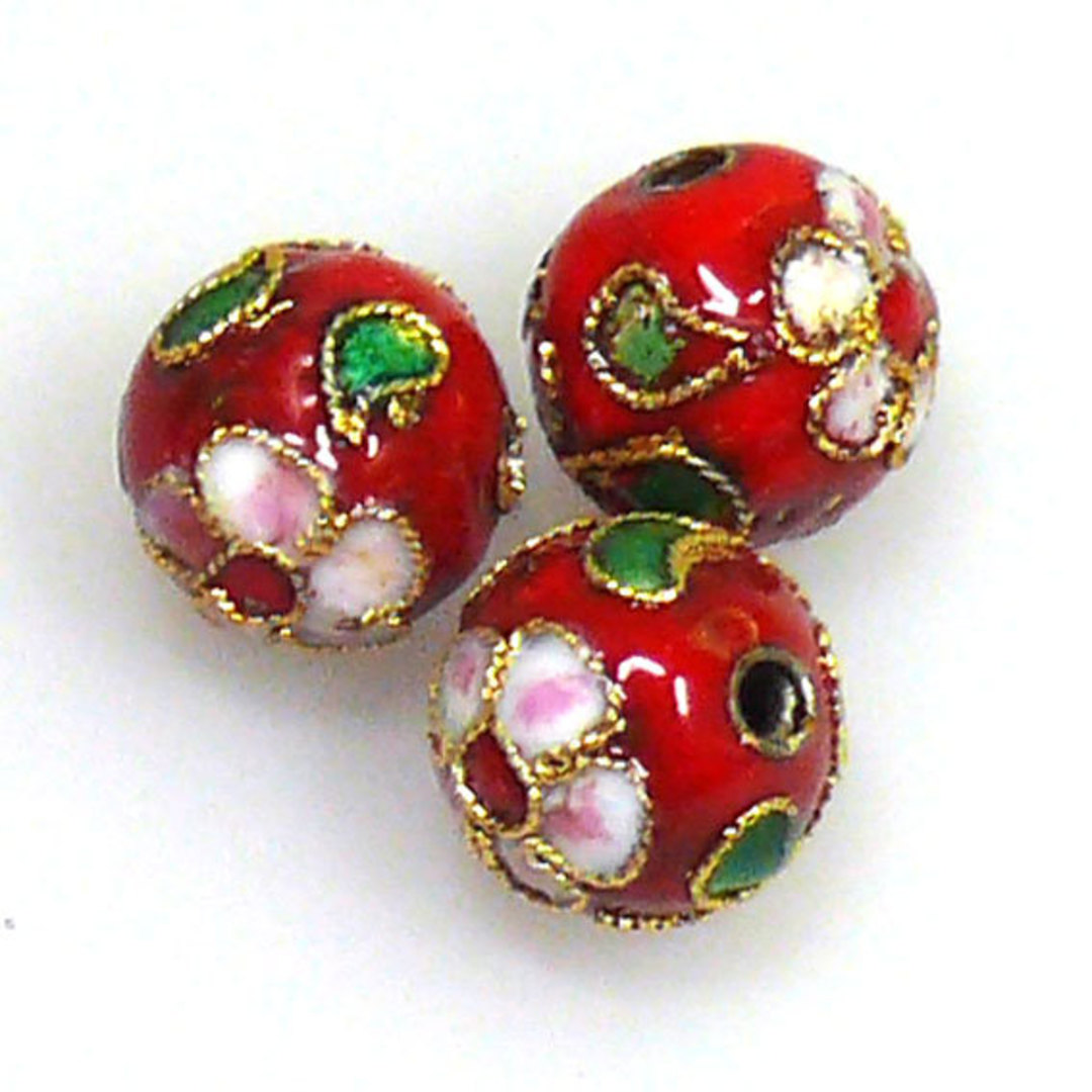 Cloisonne Bead, 10mm round, Red with floral decoration image 0