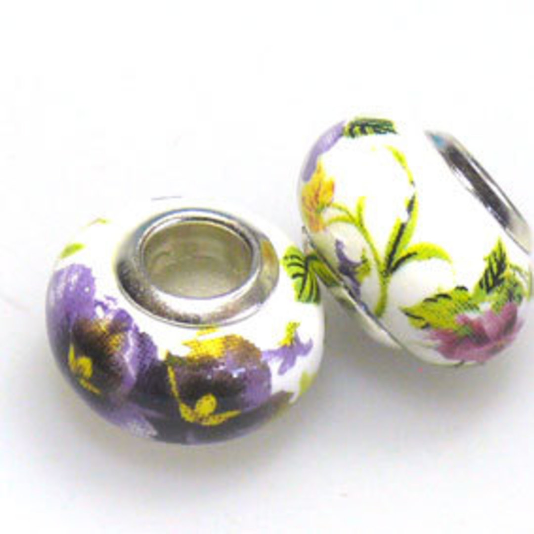Pandora Style Porcelain Bead, Purple, Pink, Yellow and Green Floral image 0