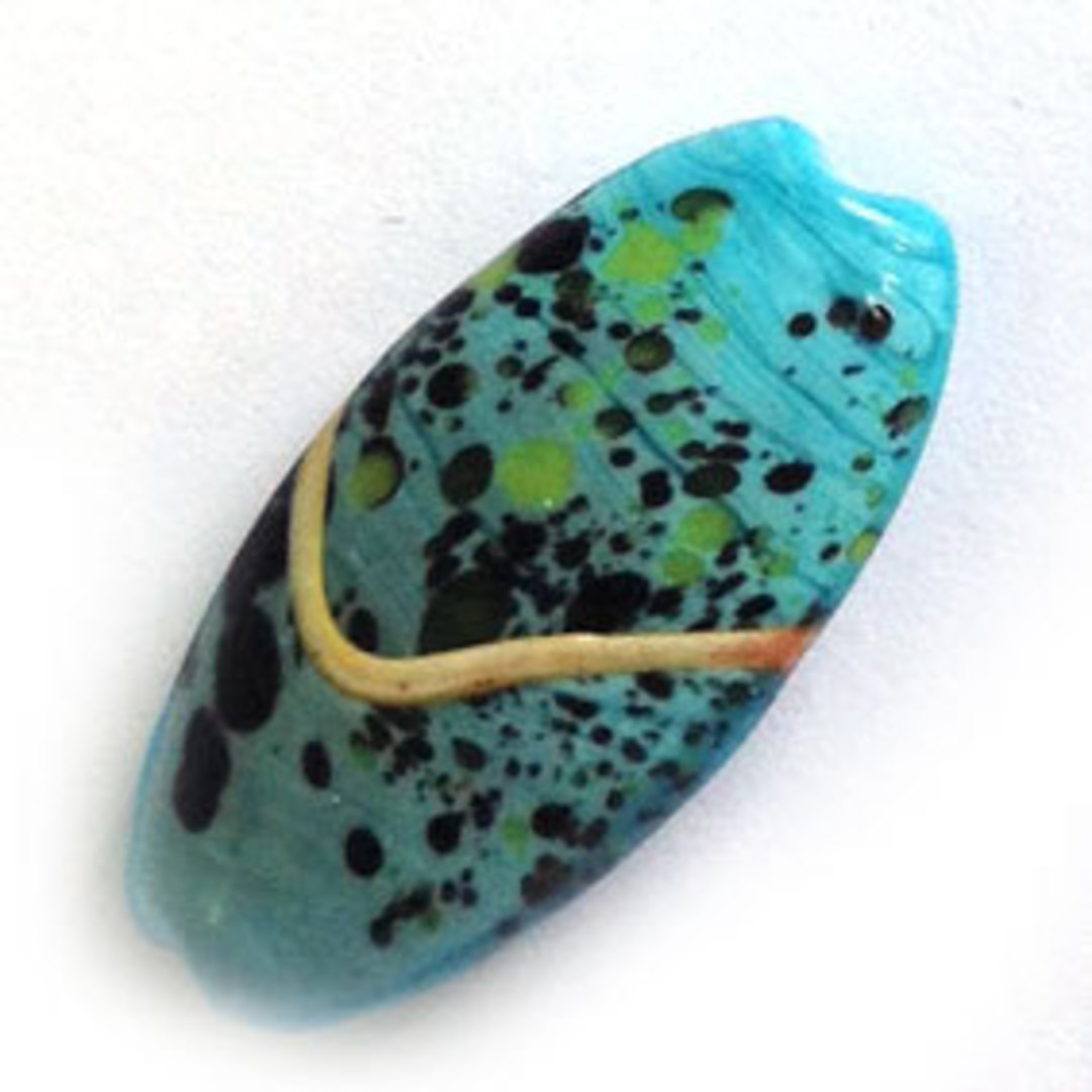Chinese lampwork oval (12 x 26mm): Aqua with cream/black/green markings image 0