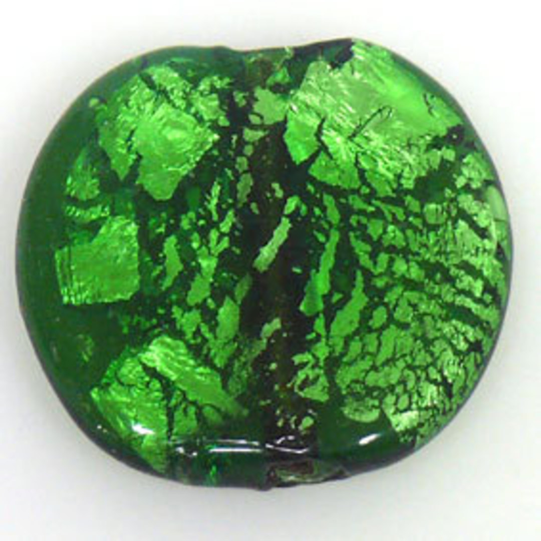Indian Lampwork foiled Disc: Green - approx. 36mm x 30mm (5mm thick) image 0