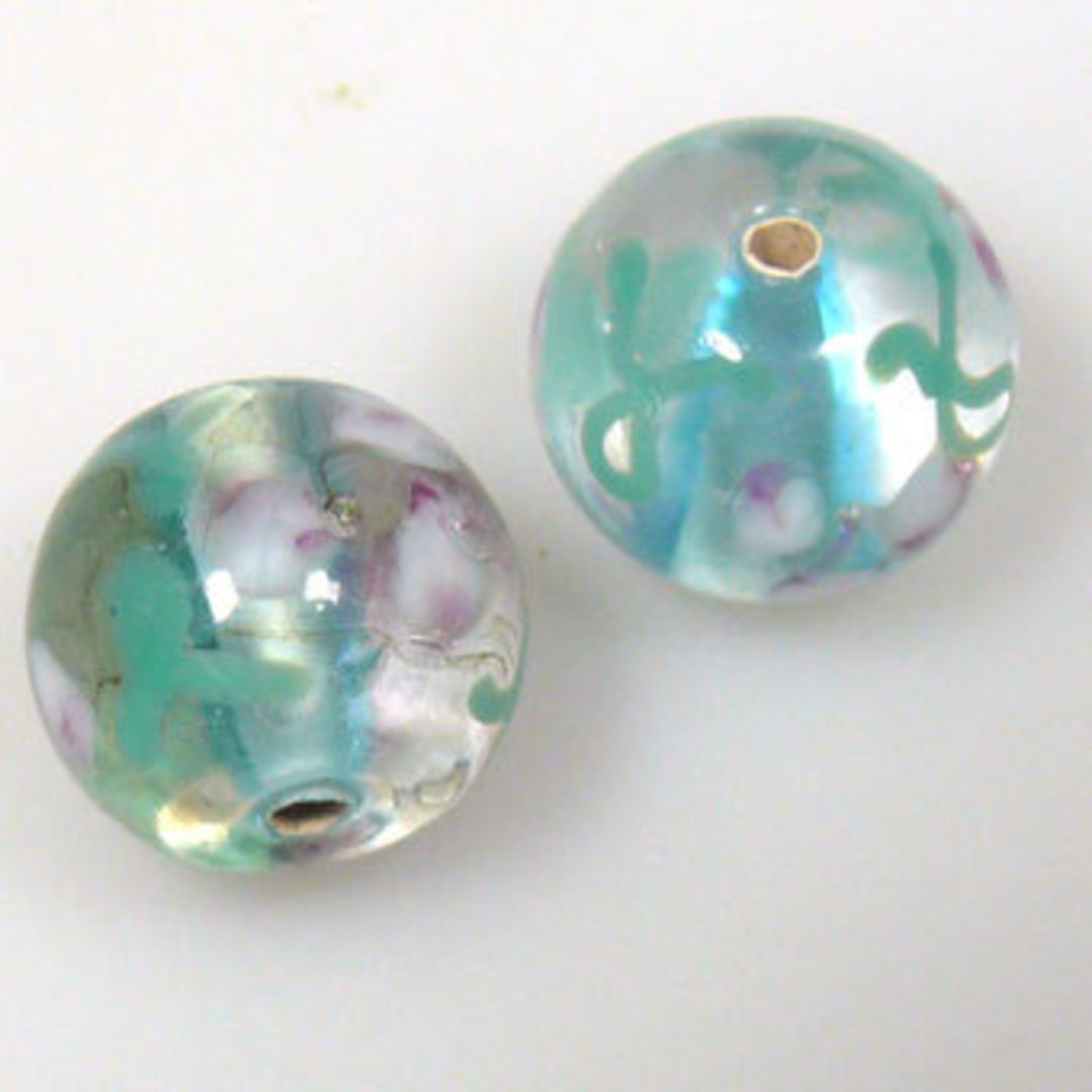 Indian Lampwork Bead (15mm): Transparent with light teal and pink flower/leaf designs image 0