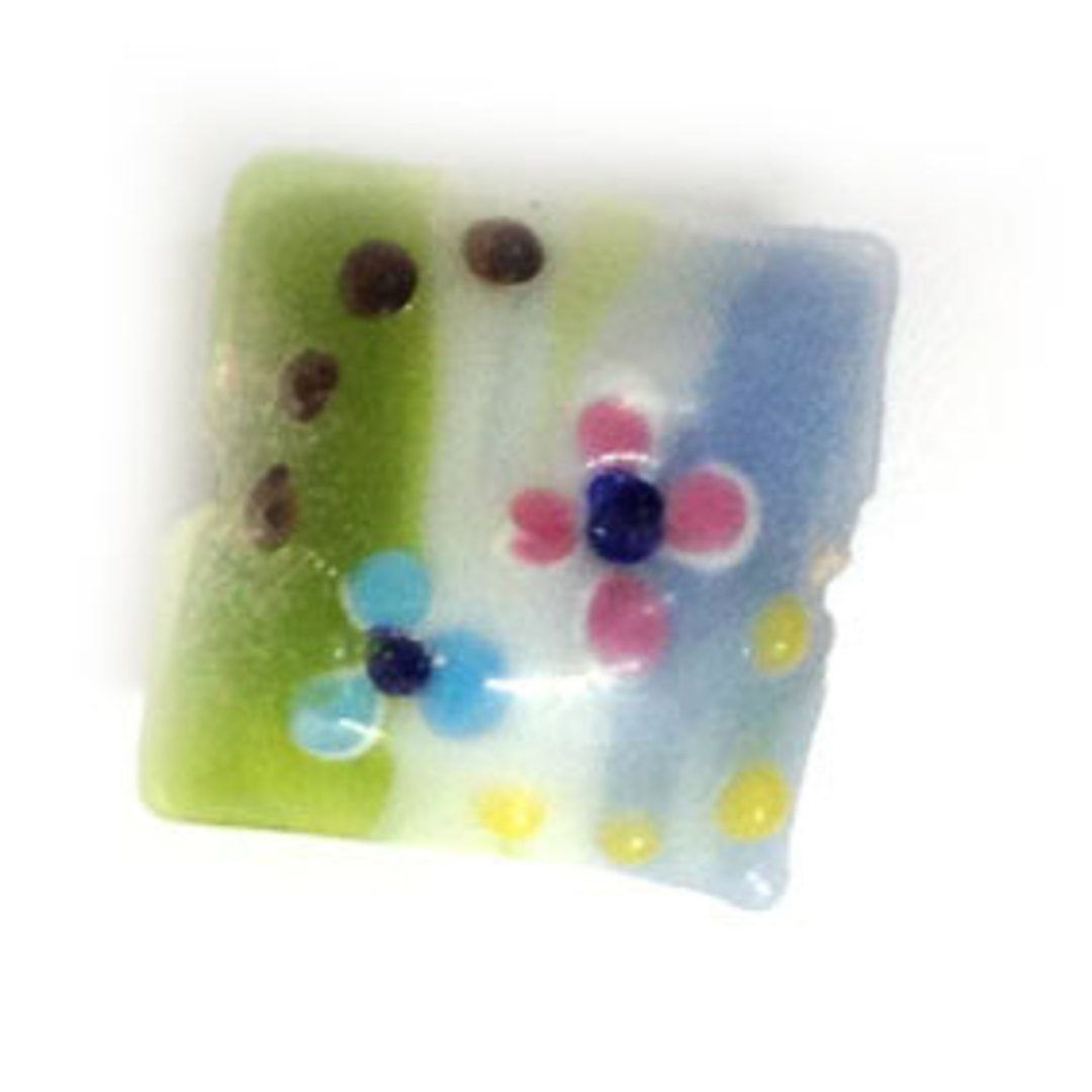 Chinese Lampwork Square Cushion (20mm): Green/white/blue  with pink flowers image 0