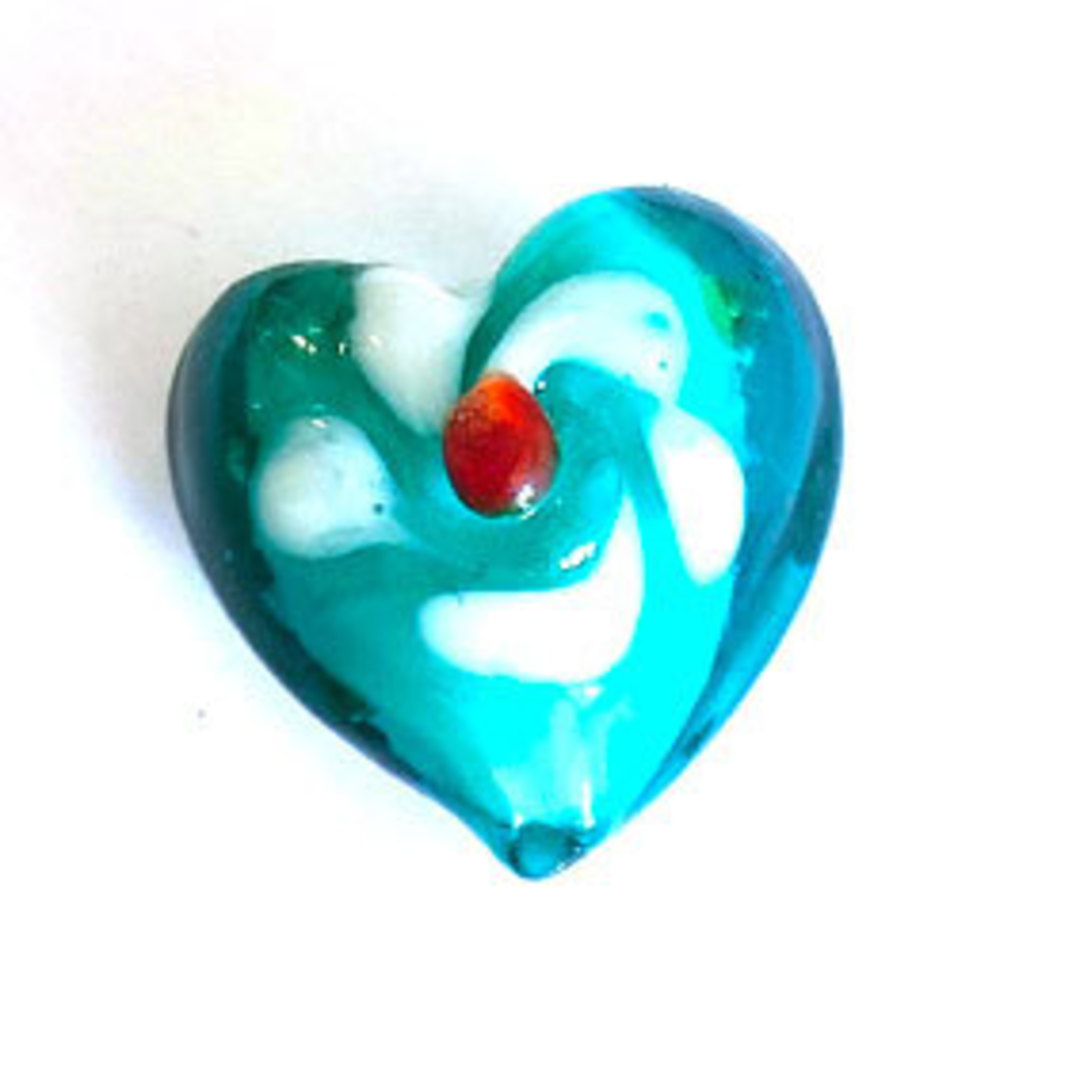 Chinese lampwork heart: 20mm - Teal with white core and flowers image 0