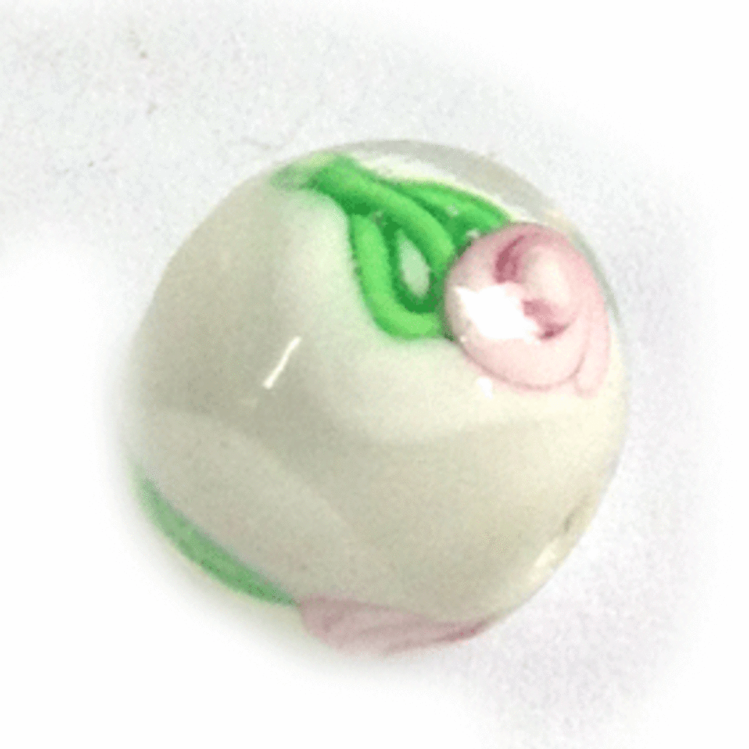 Chinese Lampwork Bead, white opaque with pink rose image 0
