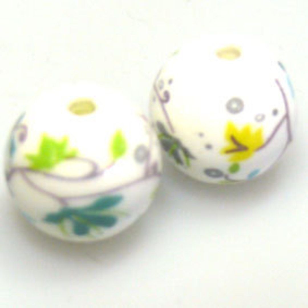 Porcelain Round Bead, 16mm.  Delicate teal, ywllow and grey flower and leaf pattern. image 0