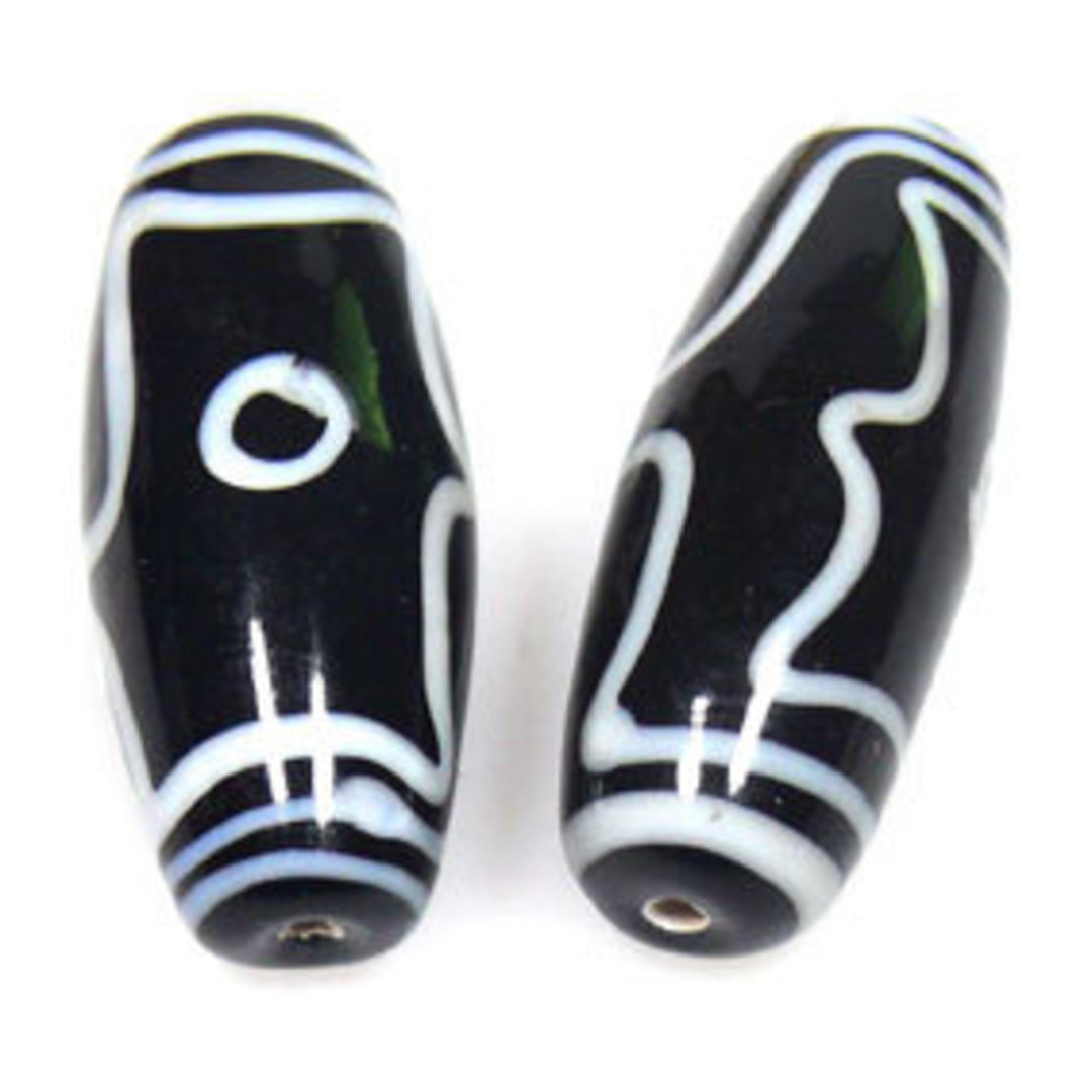 Indian Lampwork Oval (14 x 30mm): Black with white Aztec like markings image 0