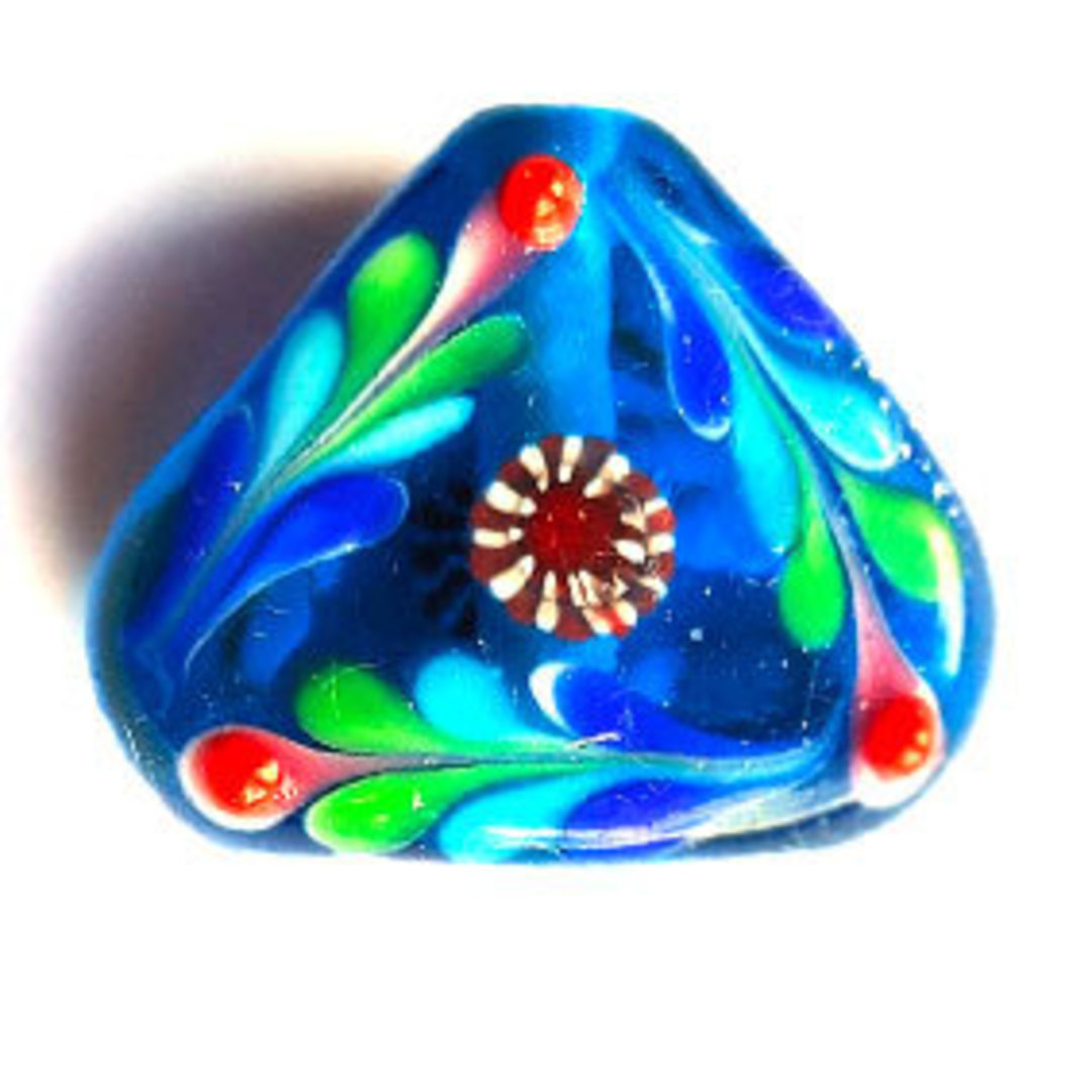 Indian Lampwork Triangle: Transparent Deep Aqua with feathered patterns - approx. 30mm x 25mm (10mm thick) image 0