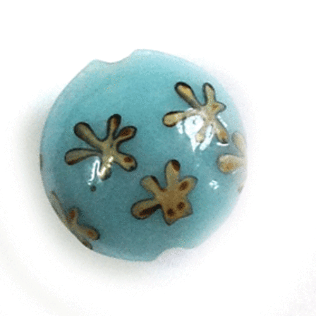 Chinese Lampwork Cushion (18mm): Opaque blue with browny design. image 0