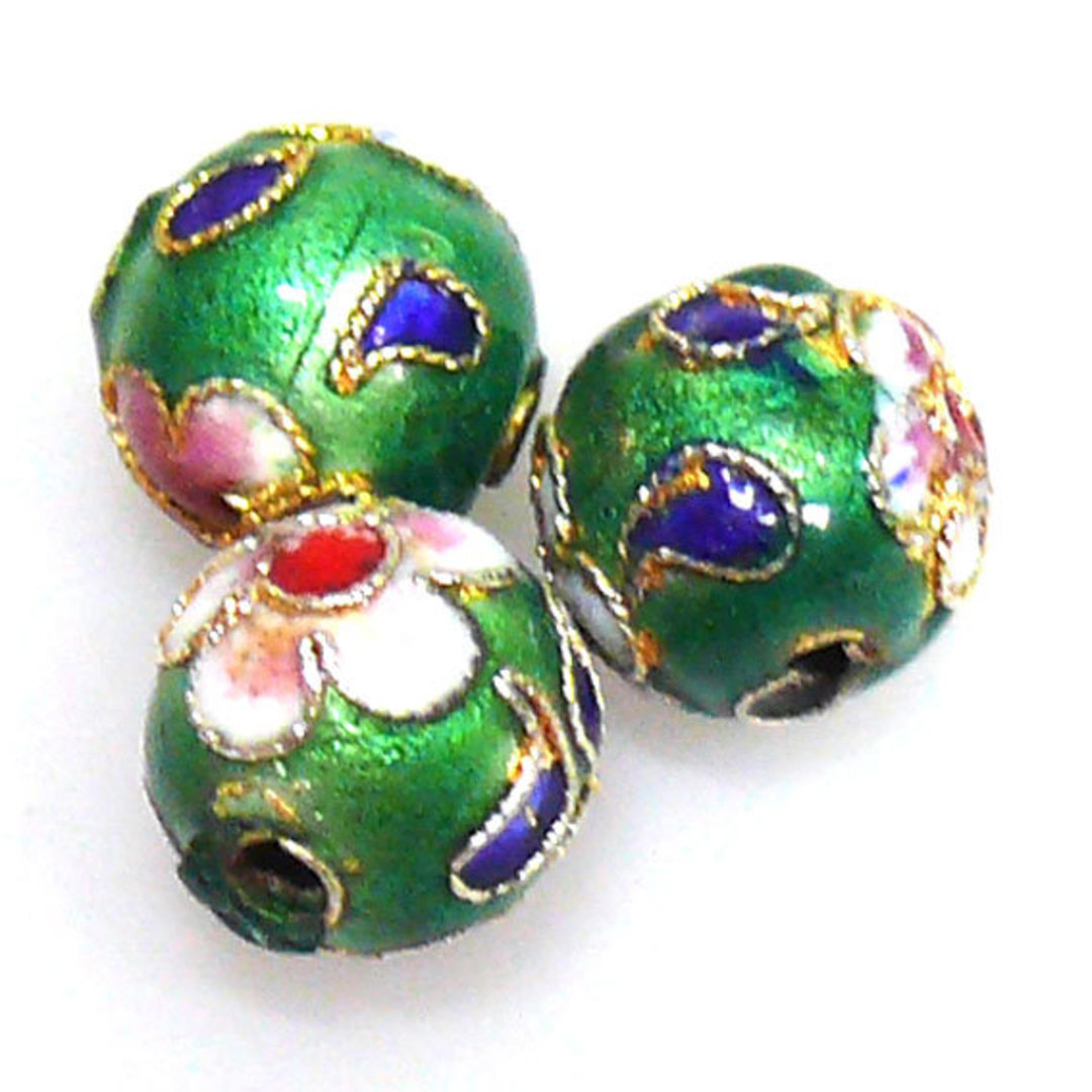 Cloisonne Bead, 10mm round, Green with floral decoration image 0