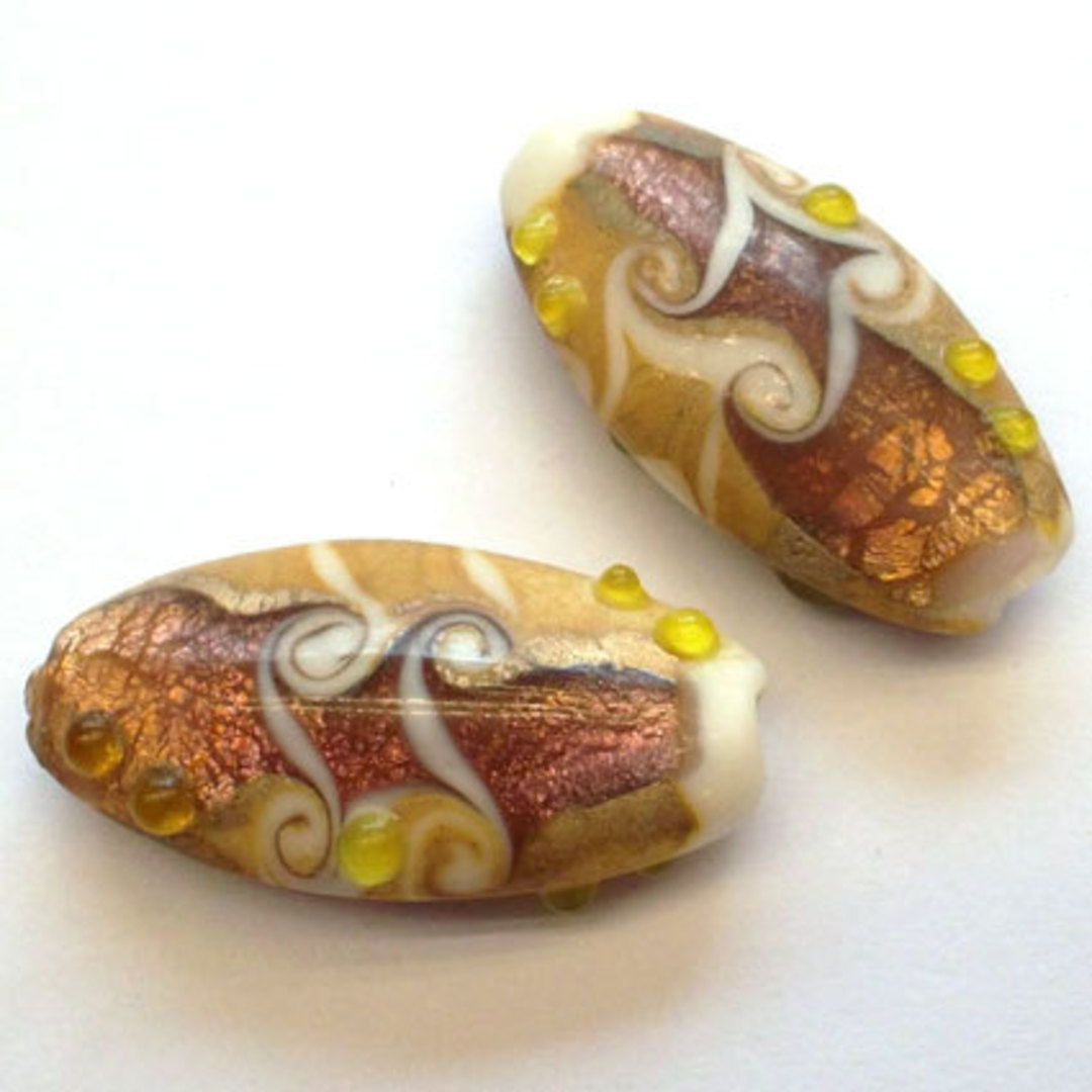 Chinese Lampwork Oval (14 x 28mm): White with purple/gold markings, lime green dots image 0