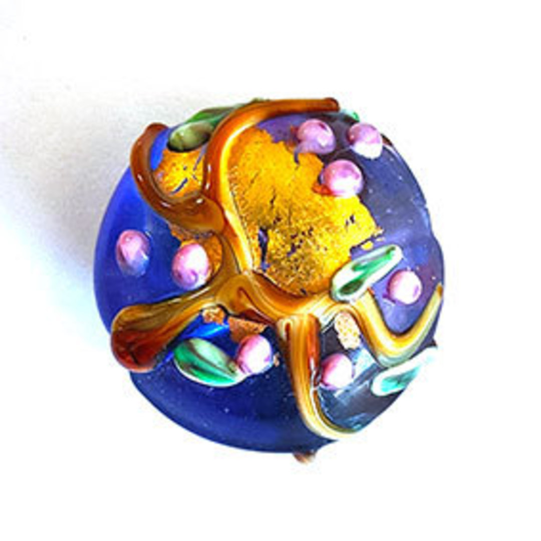 Chinese Lampwork Cushion (20mm):  Transparent cobalt with raised flowers and vines image 0