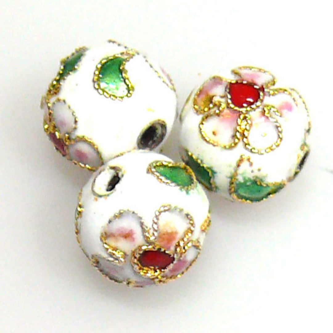 Cloisonne Bead, 10mm round, White with floral decoration image 0