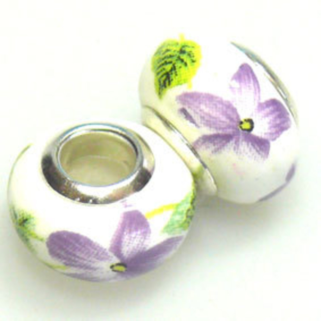 Pandora Style Porcelain Bead, Violet and Green Floral image 0