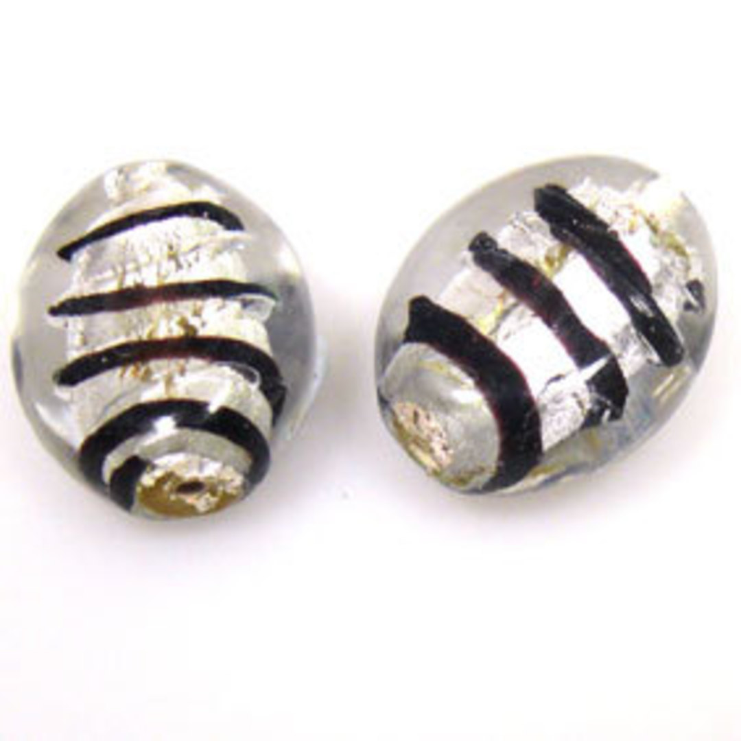 Indian Lampwork Flat Oval (15 x 19mm): Transparent, silver foil core and black stripes image 0