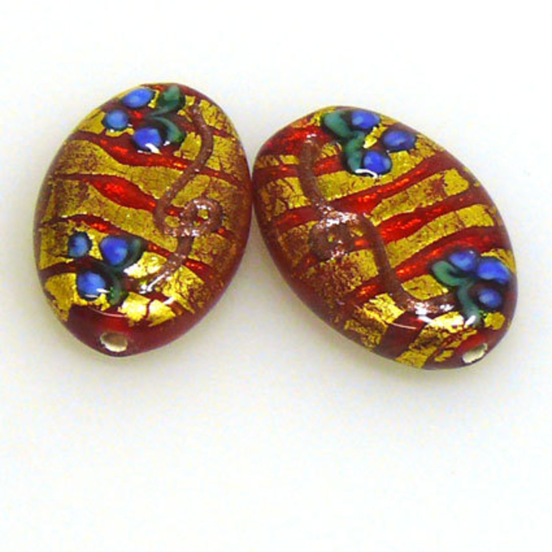 Czech Lampwork Flat Oval (12 x 20mm): Red and gold with blue flowers image 0