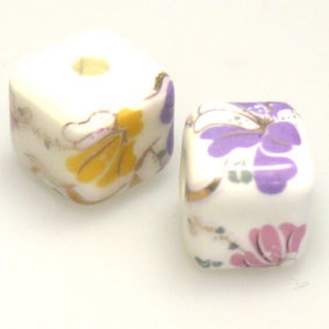 Porcelain Cube, 12mm, purple, pink and yellow floral image 0