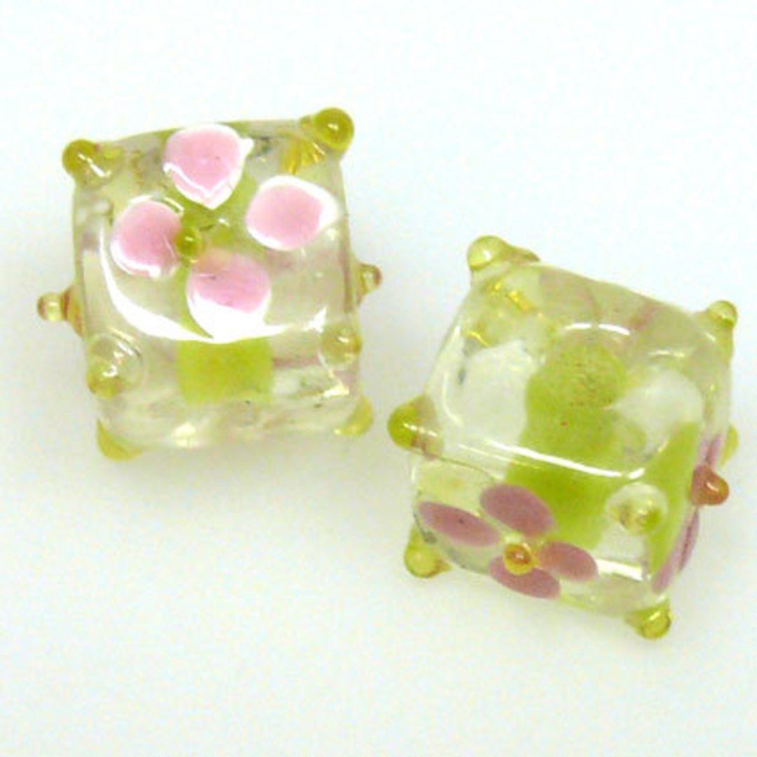 Chinese Lampwork Cube (10mm): Lime Yellow with Pink Flower image 0