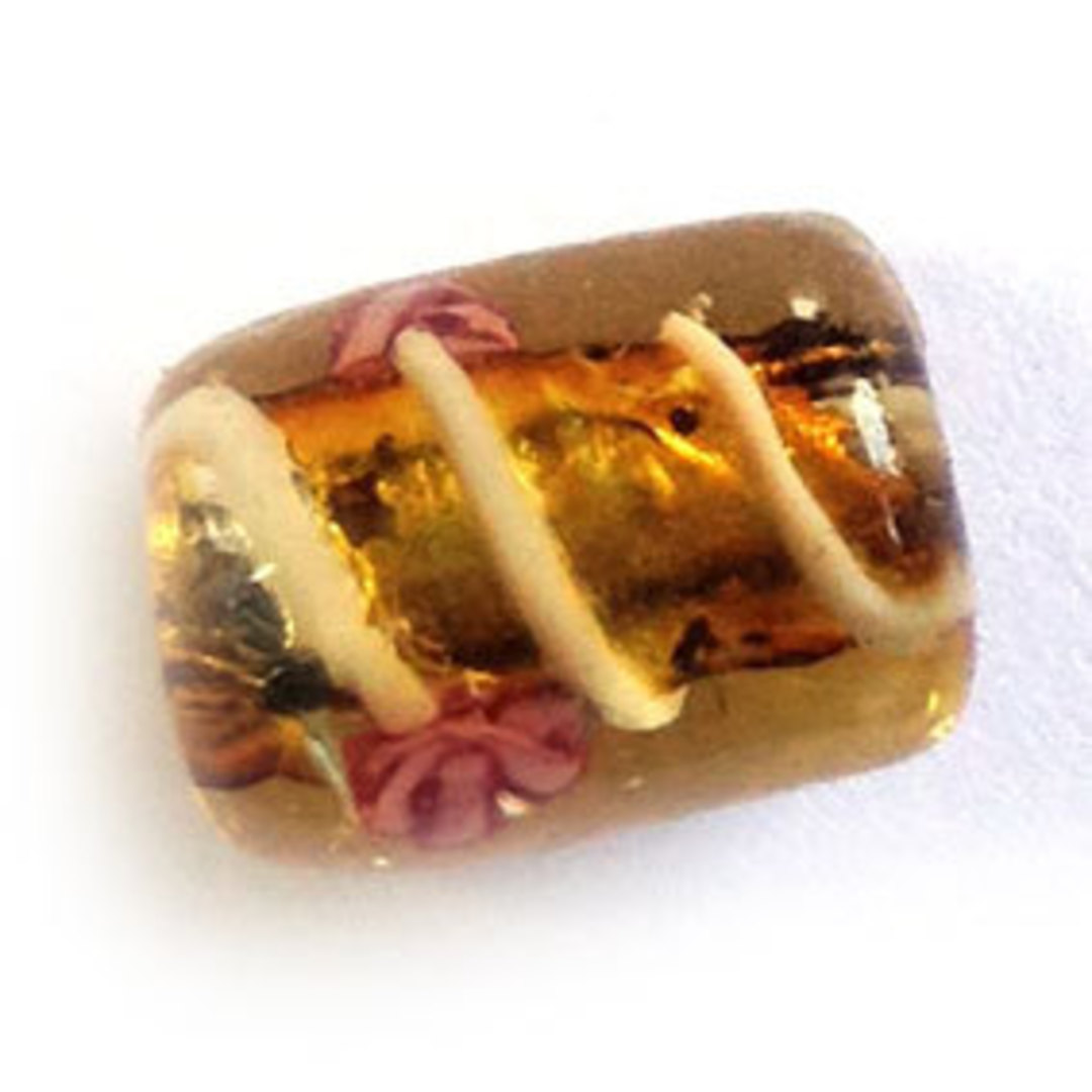 Chinese Lampwork Barrel (10mm x 14mm): Transparent Amber, gold foil core, pink flowers image 0