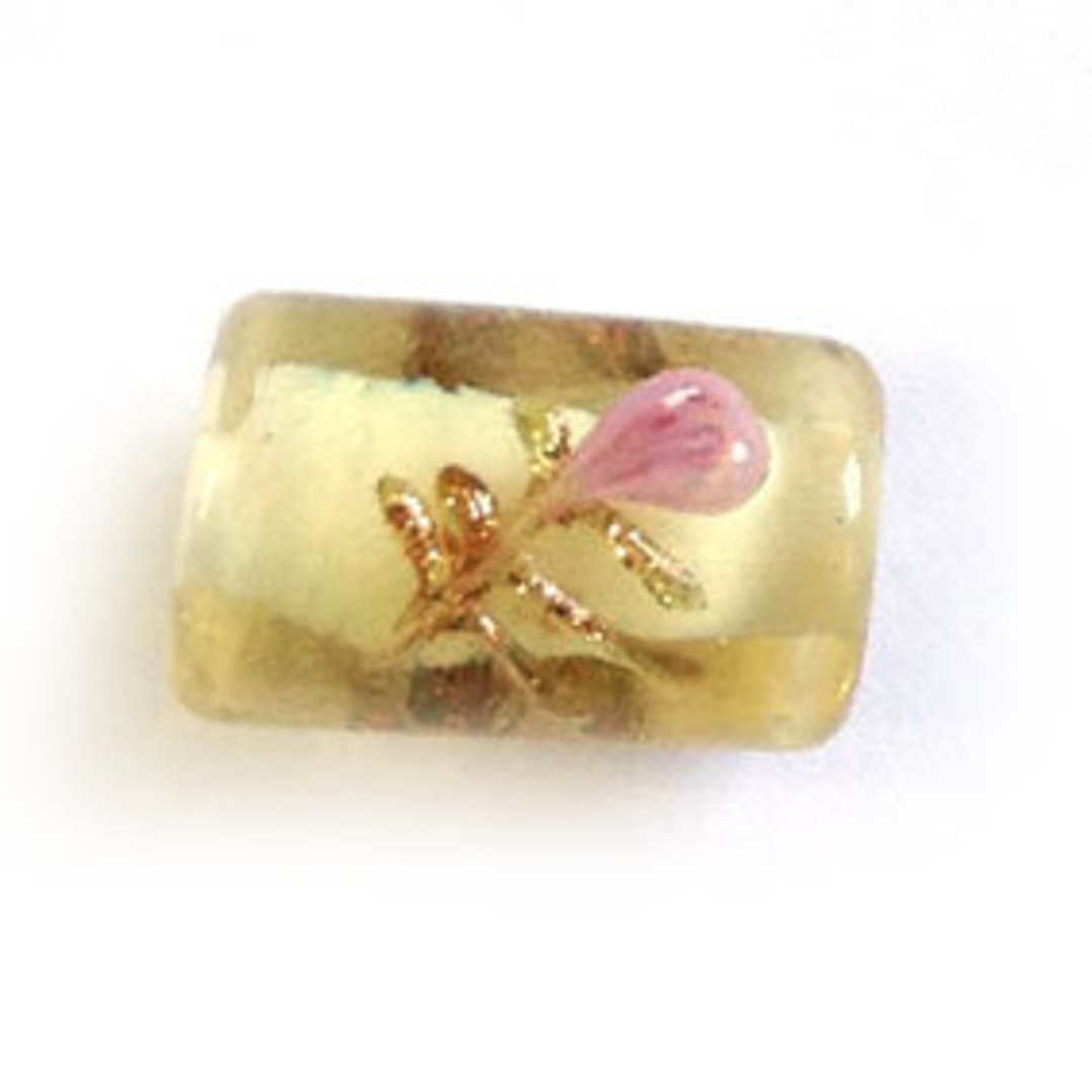Chinese Lampwork Barrel (10mm x 16mm): Transparent Amber, white core, pink flowers image 0