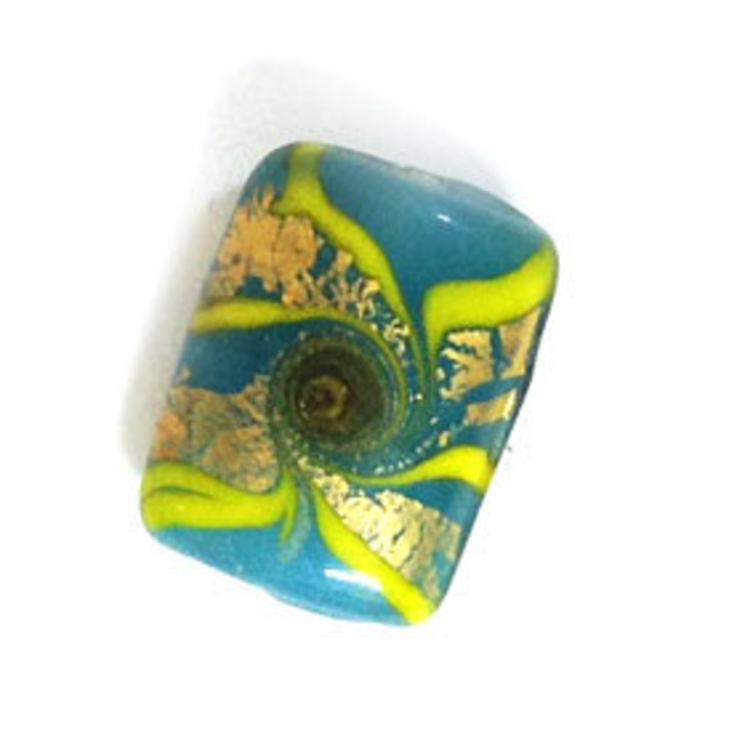 Chinese Lampwork Rectangle (15 x 20mm): Teal with gold and green designs image 0