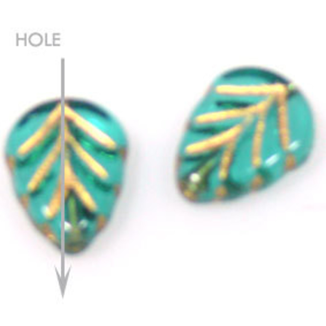Glass Triangle Leaf, 8mm x 10mm - Teal with gold detail image 0
