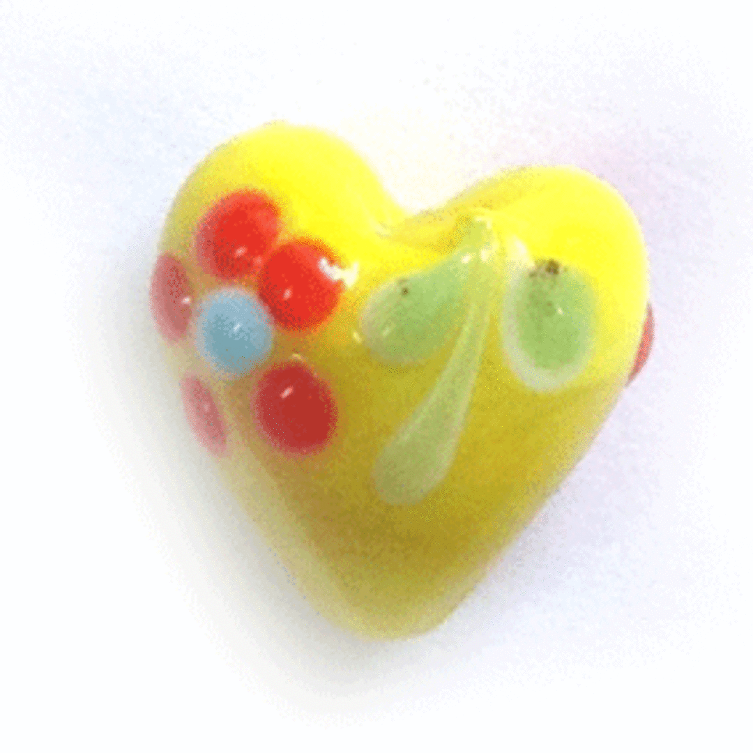 Chinese lampwork heart, opaque yellow with red flower image 0
