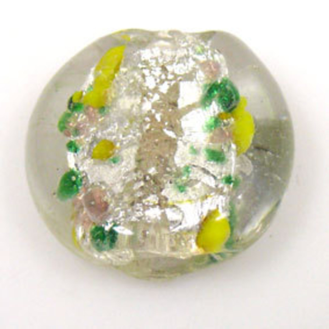 Indian Lampwork Flat Disc (20 x 23mm): Silver foil core with yellow and green splotches, transparent outer image 0