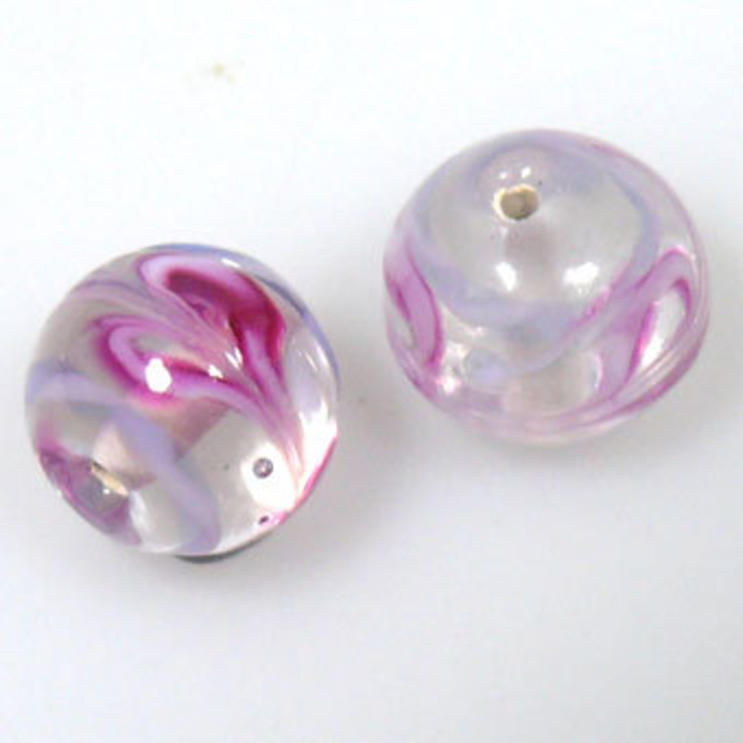 Indian Lampwork Bead (13mm): Transparent with lilac/white swirls, pinky heart like pattern image 0
