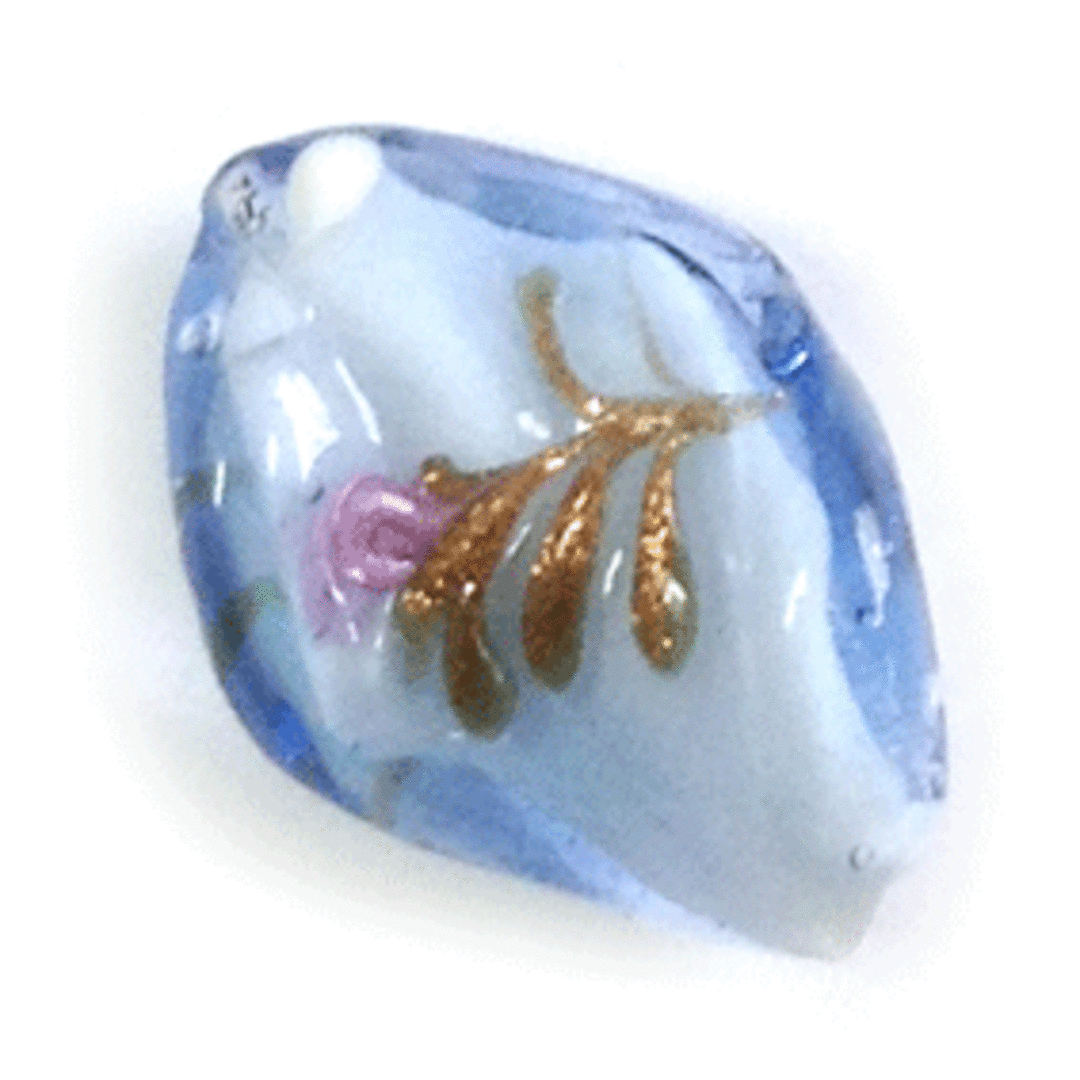 Chinese Lampwork Twist (15 x 20mm): Light blue with pink and gold flower image 0