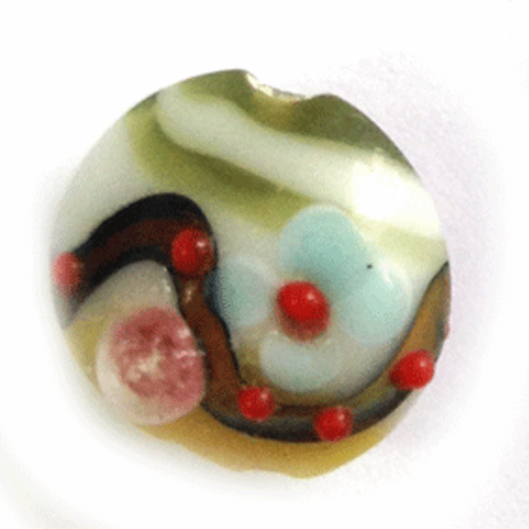 Chinese Lampwork Cushion (18mm):  Opaque yellow/white green with raised design image 0