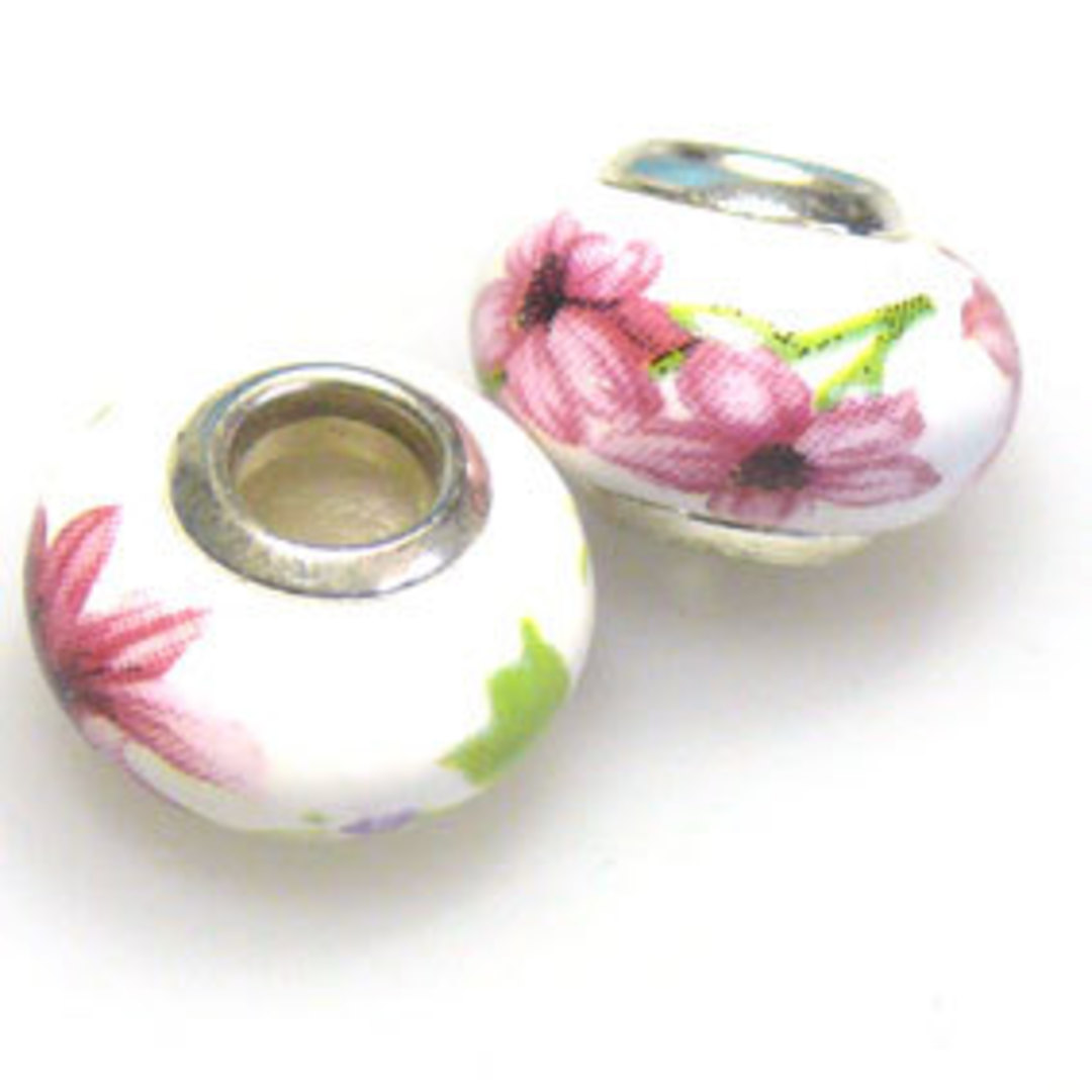 Pandora Style Porcelain Bead, Pink and Green Floral image 0