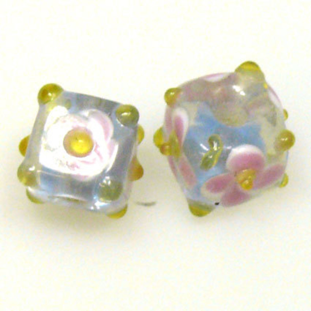 Chinese Lampwork Cube (8mm): Dull blue with pink flower image 0