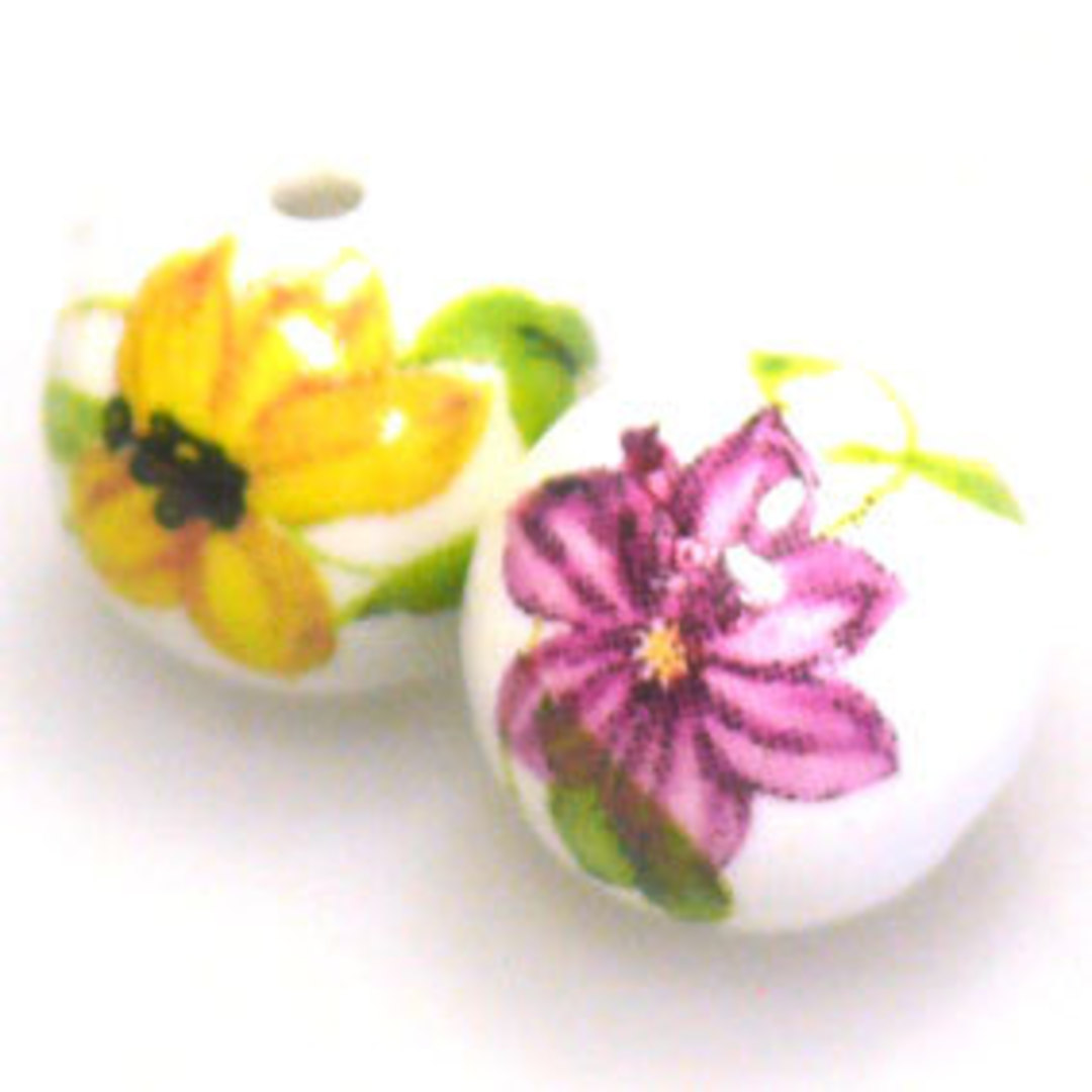 Porcelain Round Bead, 12mm. Dark Pink, yellow, green flower and leaf pattern image 0