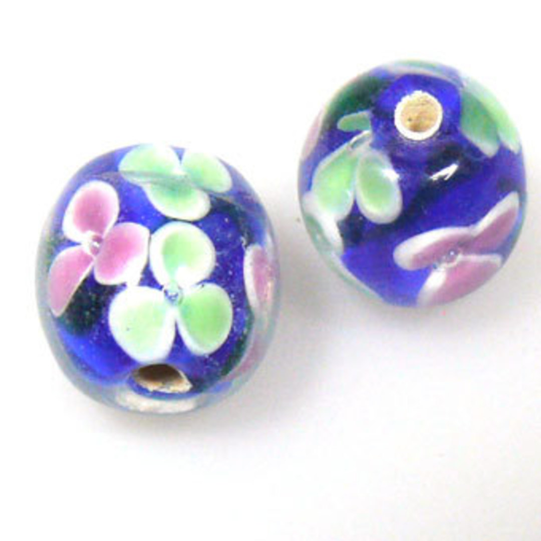 Indian Lampwork, round, deep blue with green and pink flowers and transparent top layer image 0