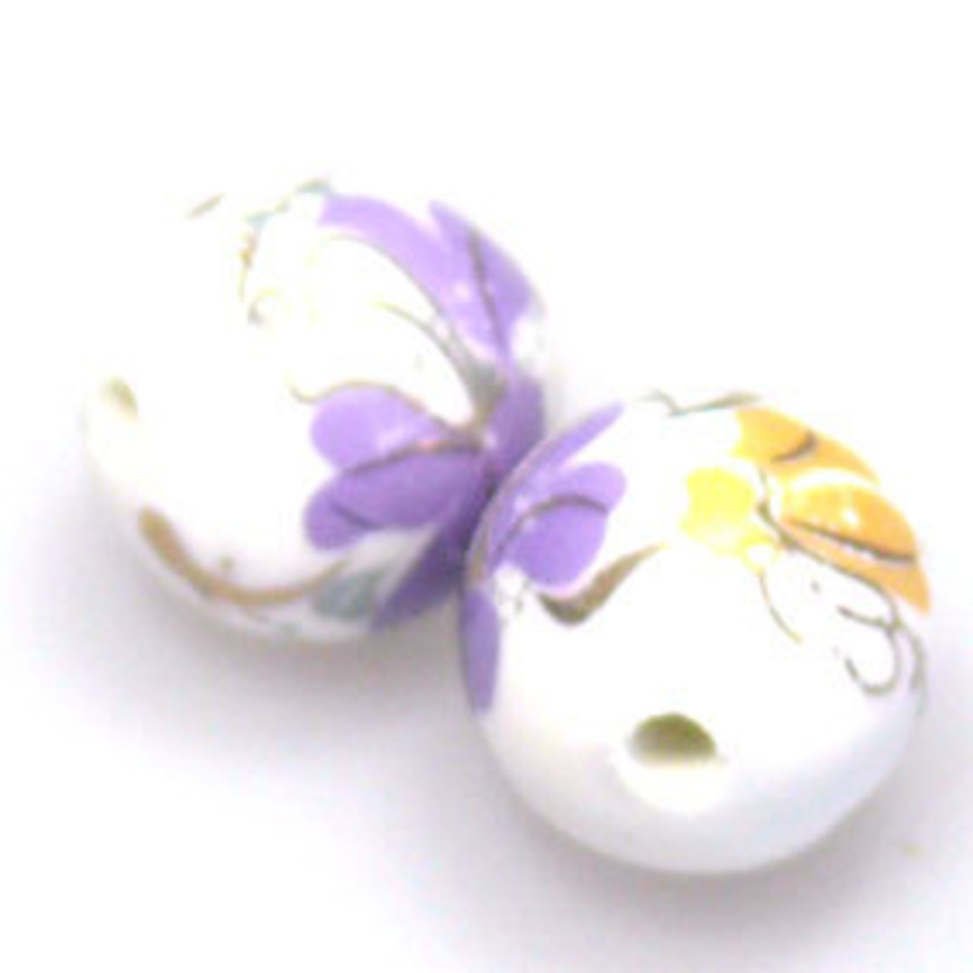 Porcelain Round Bead, 12mm. Violet, yellow, pink flower and leaf pattern with gilt detail image 0