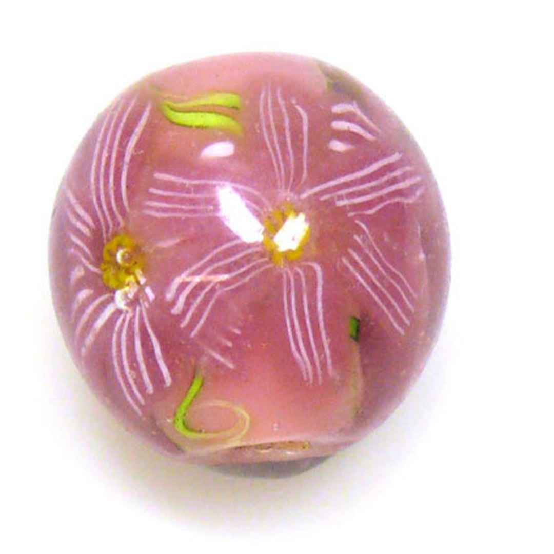 Chinese Lampwork Bead (20mm): Pink with pink flowers image 0