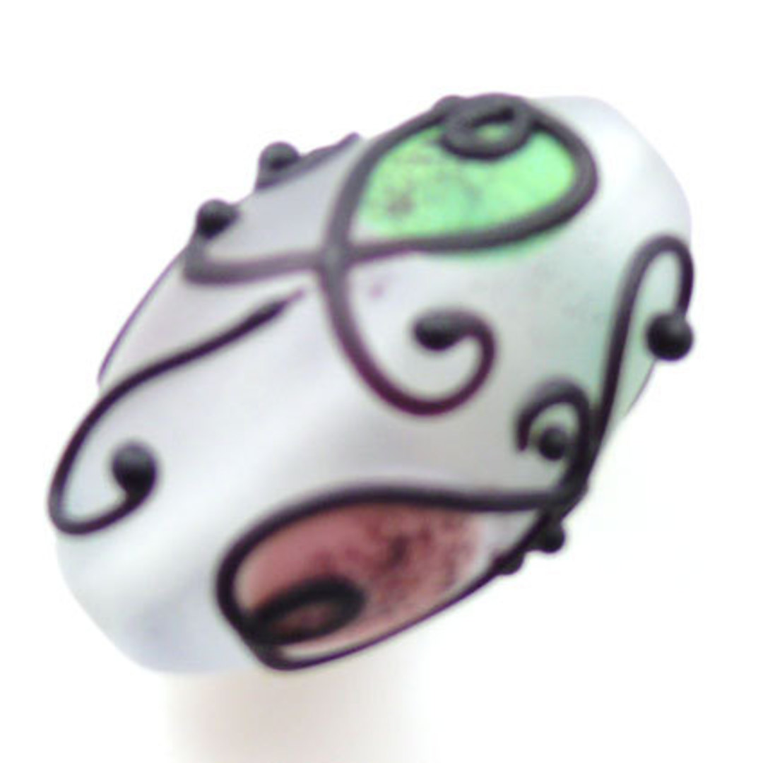 Czech Lampwork Bead: Opaque Oval - Pink, green and black decoration (18 x 30mm) image 0