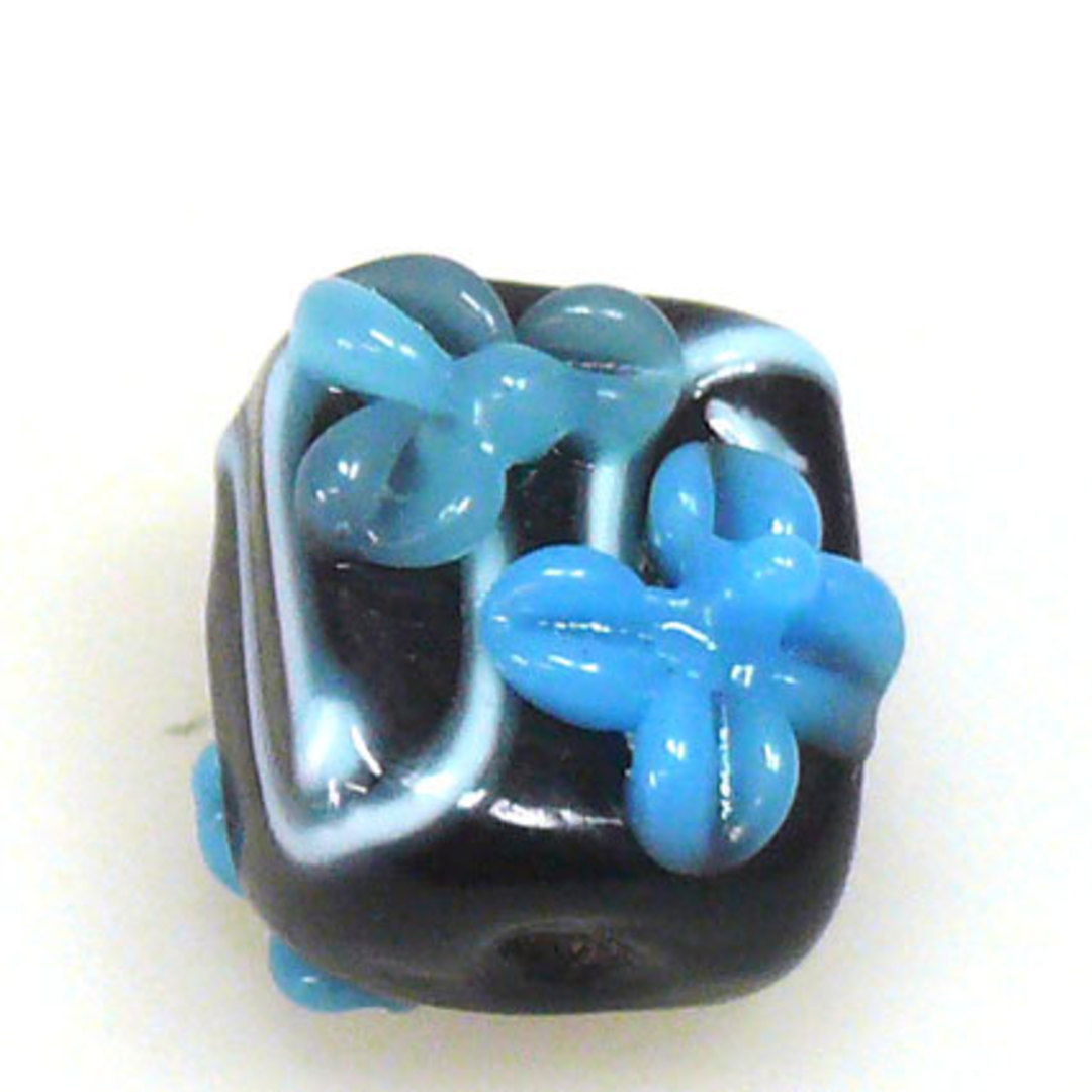 Chinese Lampwork Square (12mm): Black with aqua flowers image 0