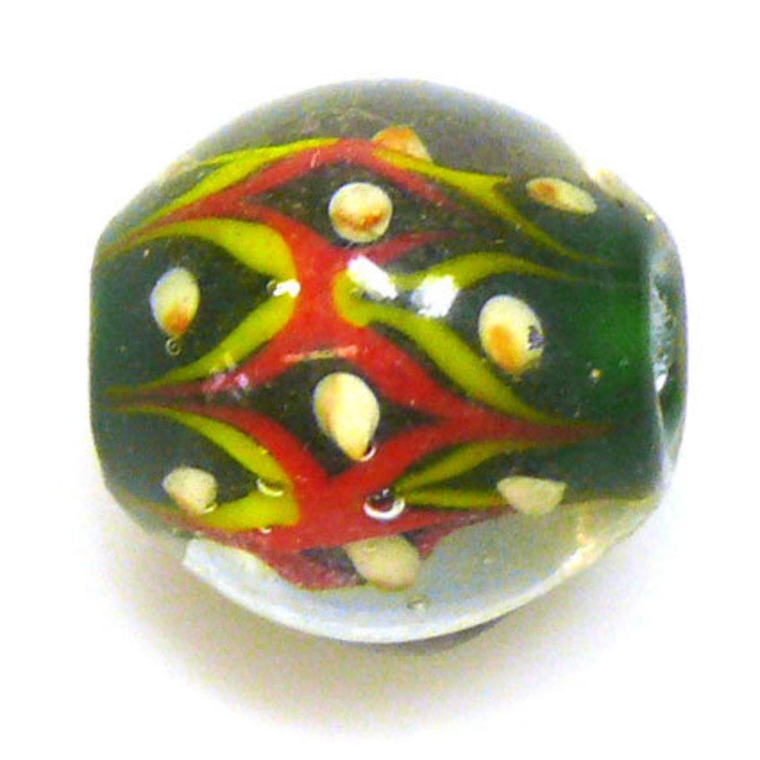 Chinese Lampwork Bead (20mm): Green/Clear, red and yellow design image 0