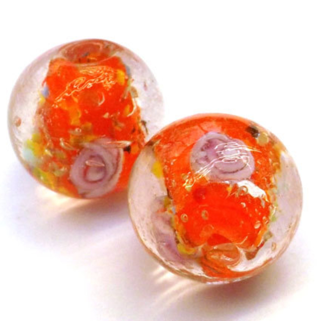 Chinese Lampwork Bead (14mm): Clear/orange with pink flowers image 0